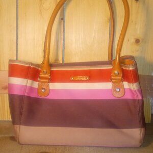 Kate Spade Stripped Canvas Shoulder / Purse Pink Brown Colorful Leather Handles